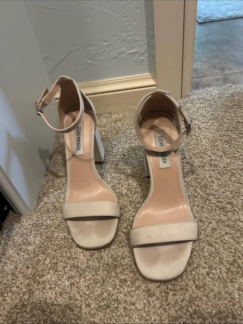 Steve Madden Beige Ankle-Strap Block Heel Sandals
